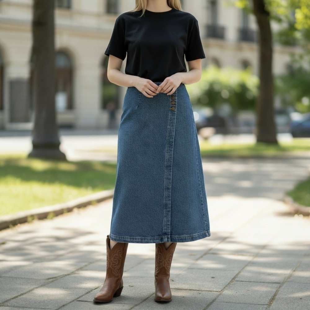 Karen Kane Blue Cotton Denim Western Cowgirl Wrap Maxi Skirt Sz 14